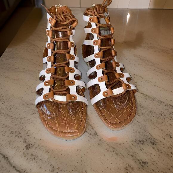 New 7 Vegan White Tan Lace Up Gladiator Beach Hight Top Sandals Ankle Strappy - Picture 3 of 6